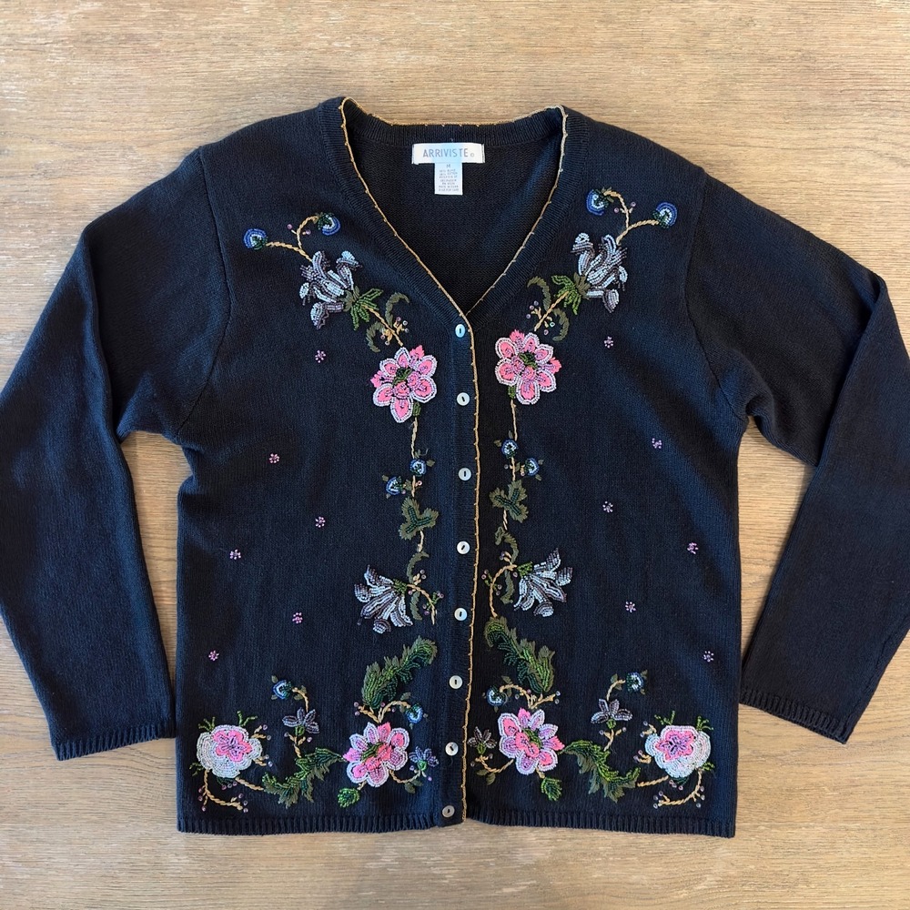 VTG 90's ARRIVISTE Women's Beaded & Embroidered Floral Ramie/Ctn Cardigan-Size M